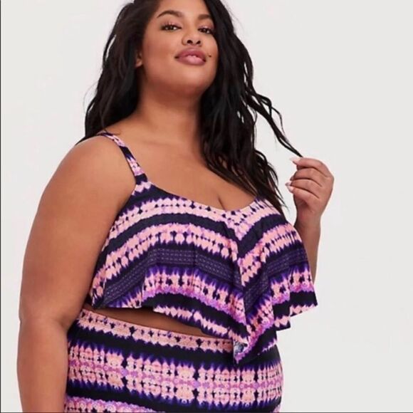 TORRID PINK & PURPLE TIE-DYE FLOUNCE BIKINI TOP‎ - Picture 1 of 9